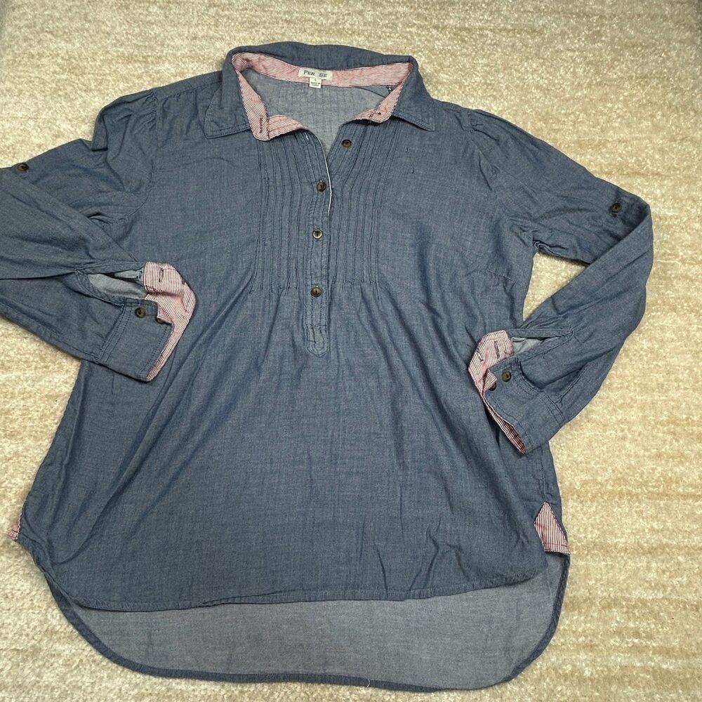 Per Se Shirt Womens L Chambray Tunic Long Sleeve Pintuck Button Front Blue